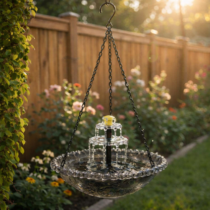 Solar-Powered Hanging Bird Bath Fountain with Two-Tier Glass Bowl and Metal Chain Hook