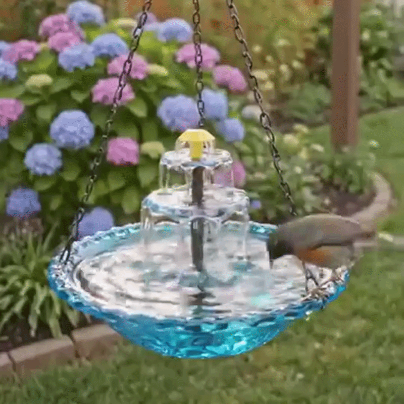 Solar-Powered Hanging Bird Bath Fountain with Two-Tier Glass Bowl and Metal Chain Hook