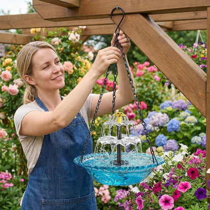 Solar-Powered Hanging Bird Bath Fountain with Two-Tier Glass Bowl and Metal Chain Hook
