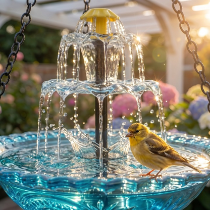 Solar-Powered Hanging Bird Bath Fountain with Two-Tier Glass Bowl and Metal Chain Hook