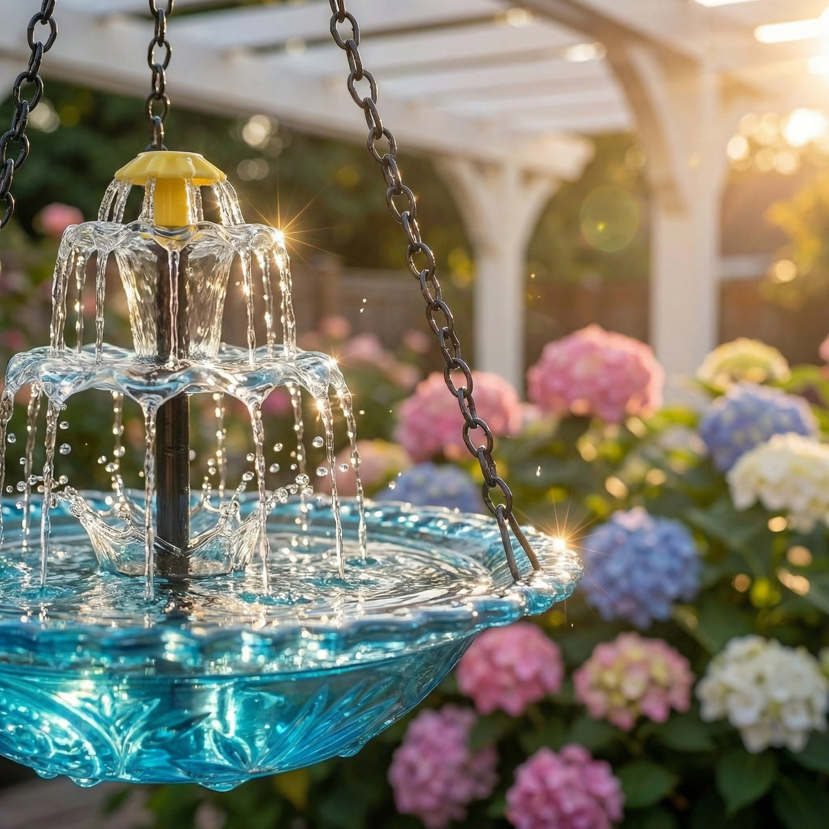Solar-Powered Hanging Bird Bath Fountain with Two-Tier Glass Bowl and Metal Chain Hook