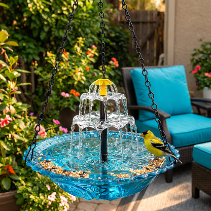 Solar-Powered Hanging Bird Bath Fountain with Two-Tier Glass Bowl and Metal Chain Hook