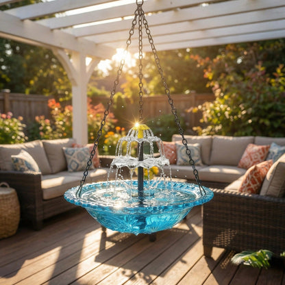 Solar-Powered Hanging Bird Bath Fountain with Two-Tier Glass Bowl and Metal Chain Hook