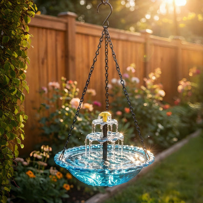 Solar-Powered Hanging Bird Bath Fountain with Two-Tier Glass Bowl and Metal Chain Hook
