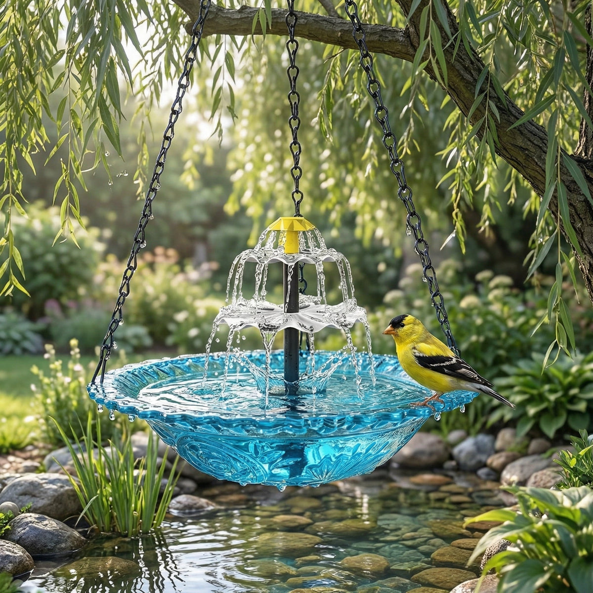 Solar-Powered Hanging Bird Bath Fountain with Two-Tier Glass Bowl and Metal Chain Hook