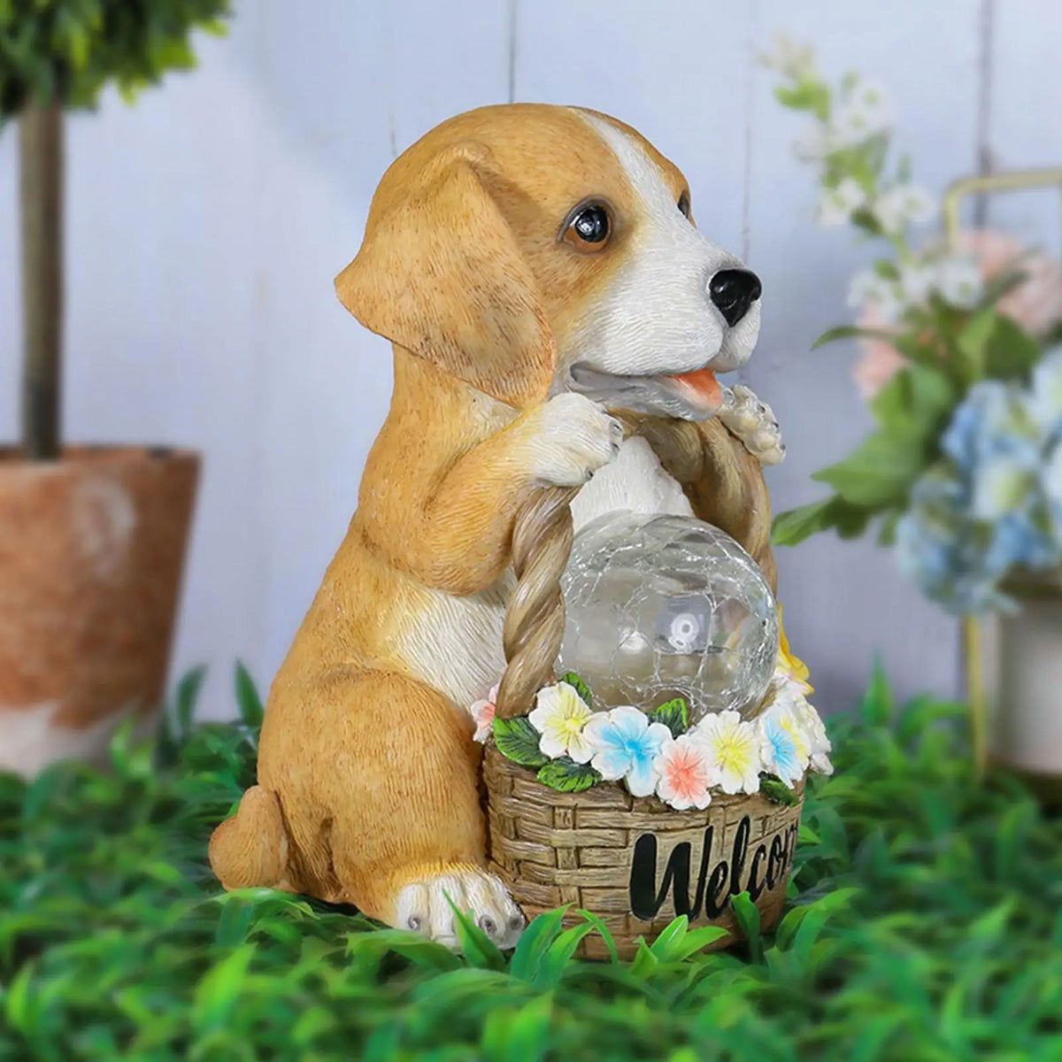 Solar-Powered Dog Garden Sculpture with Warm White LED Light, Weatherproof Resin