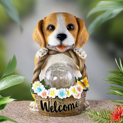 Solar-Powered Dog Garden Sculpture with Warm White LED Light, Weatherproof Resin