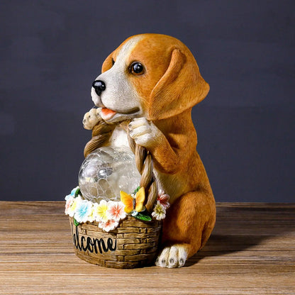 Solar-Powered Dog Garden Sculpture with Warm White LED Light, Weatherproof Resin
