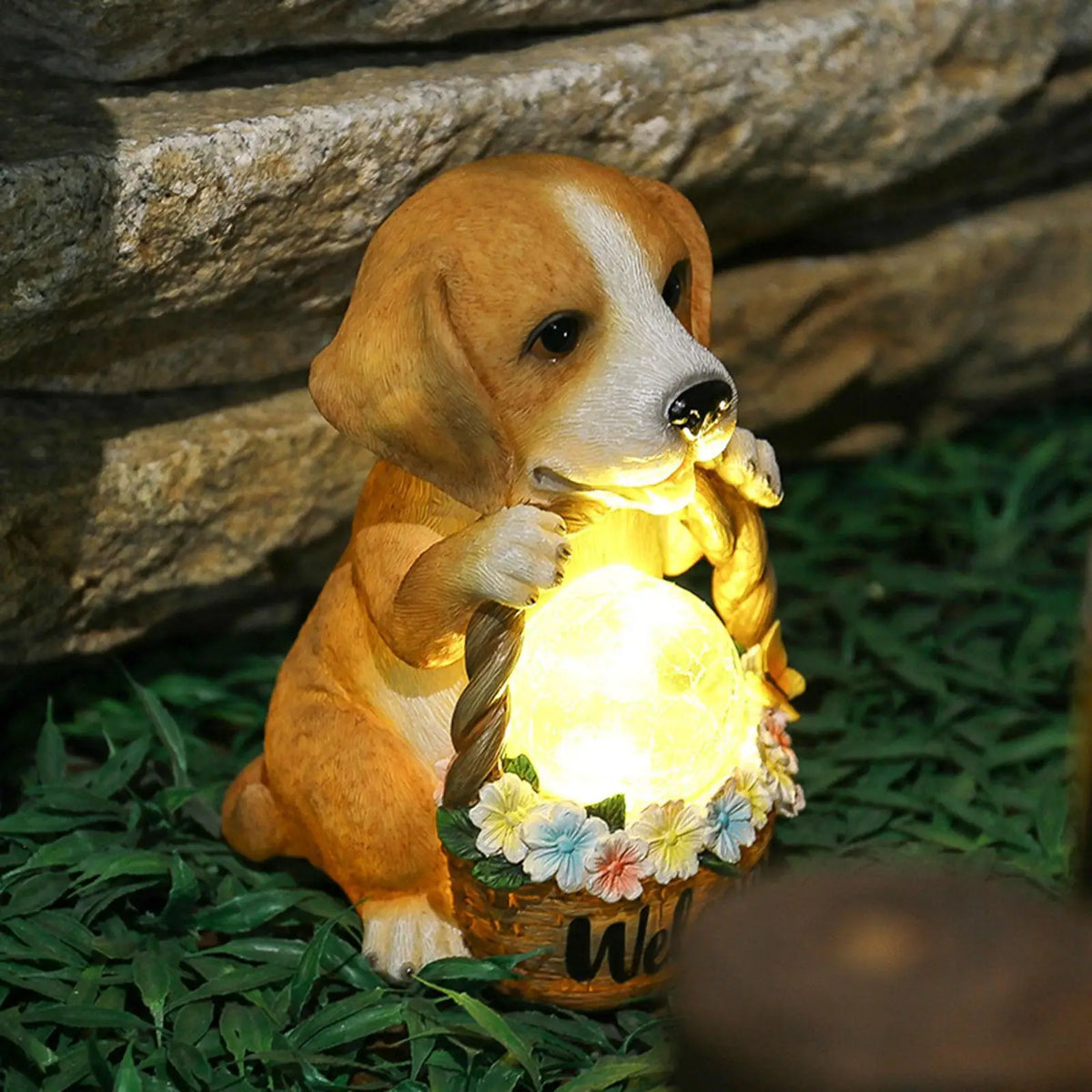 Solar-Powered Dog Garden Sculpture with Warm White LED Light, Weatherproof Resin