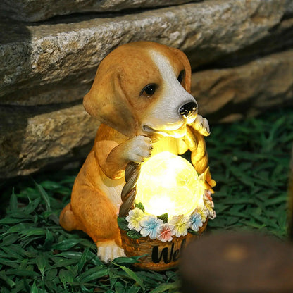 Solar-Powered Dog Garden Sculpture with Warm White LED Light, Weatherproof Resin