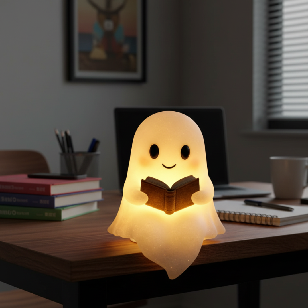 Ghost Table Lamp Night Light with Warm LED Glow, Plug-In Power and a Cute Design