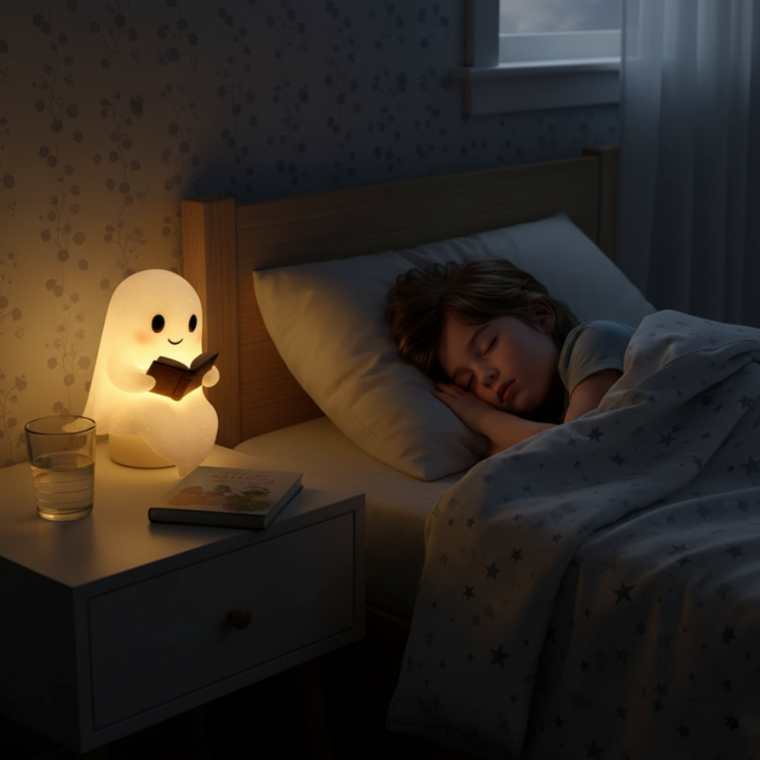 Ghost Table Lamp Night Light with Warm LED Glow, Plug-In Power and a Cute Design