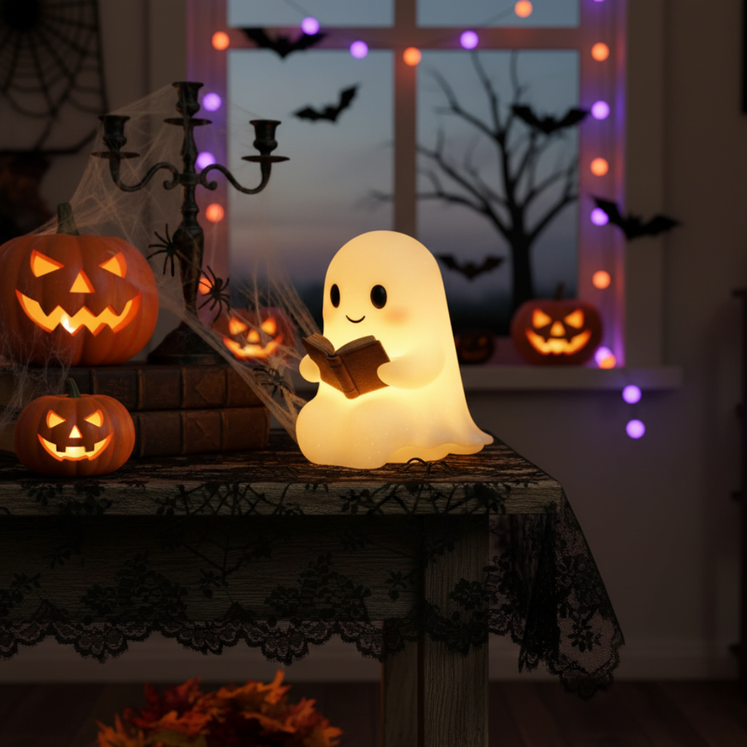 Ghost Table Lamp Night Light with Warm LED Glow, Plug-In Power and a Cute Design