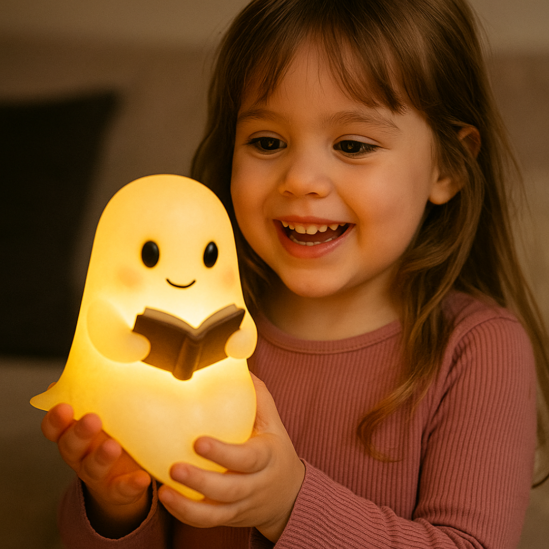Ghost Table Lamp Night Light with Warm LED Glow, Plug-In Power and a Cute Design