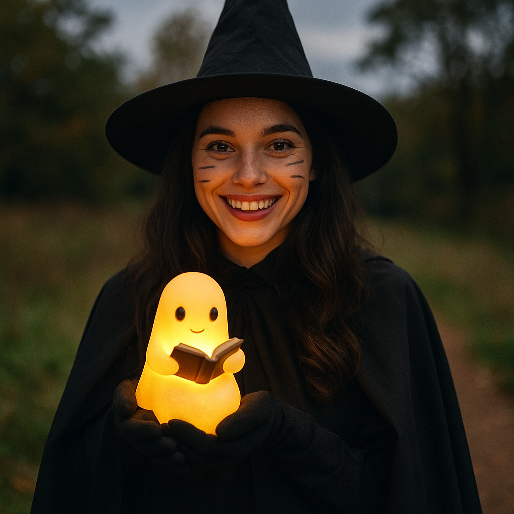 Ghost Table Lamp Night Light with Warm LED Glow, Plug-In Power and a Cute Design
