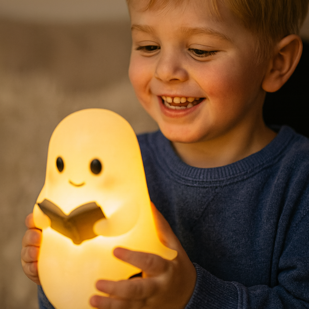 Ghost Table Lamp Night Light with Warm LED Glow, Plug-In Power and a Cute Design