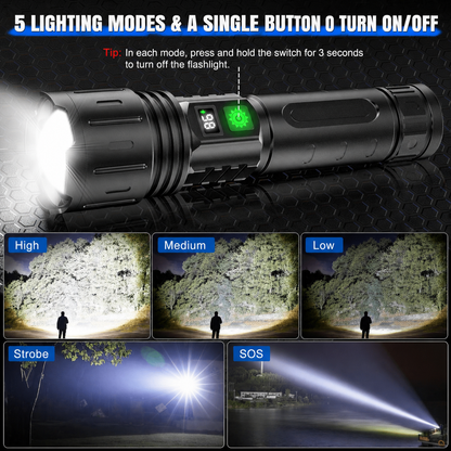 LED Aluminum Flashlight with 100000 Lumen Output, USB-C Charging and Power Bank Function