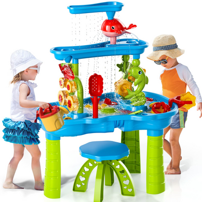 Multi-Level Outdoor Water Play Table with Waterfall, Figures and Accessories for Kids