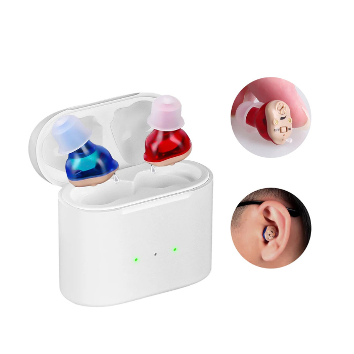 Rechargeable Discreet In Canal Hearing Amplifiers, Pair with Charging Case and USB Cable