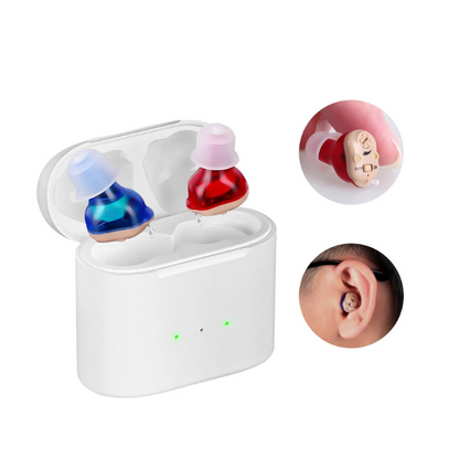 Rechargeable Discreet In Canal Hearing Amplifiers, Pair with Charging Case and USB Cable