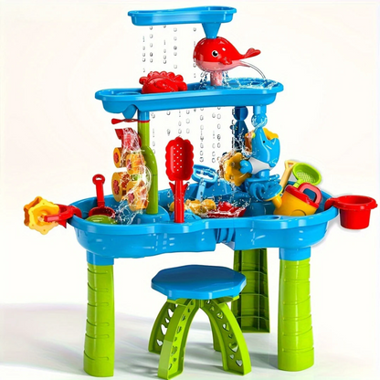 Multi-Level Outdoor Water Play Table with Waterfall, Figures and Accessories for Kids