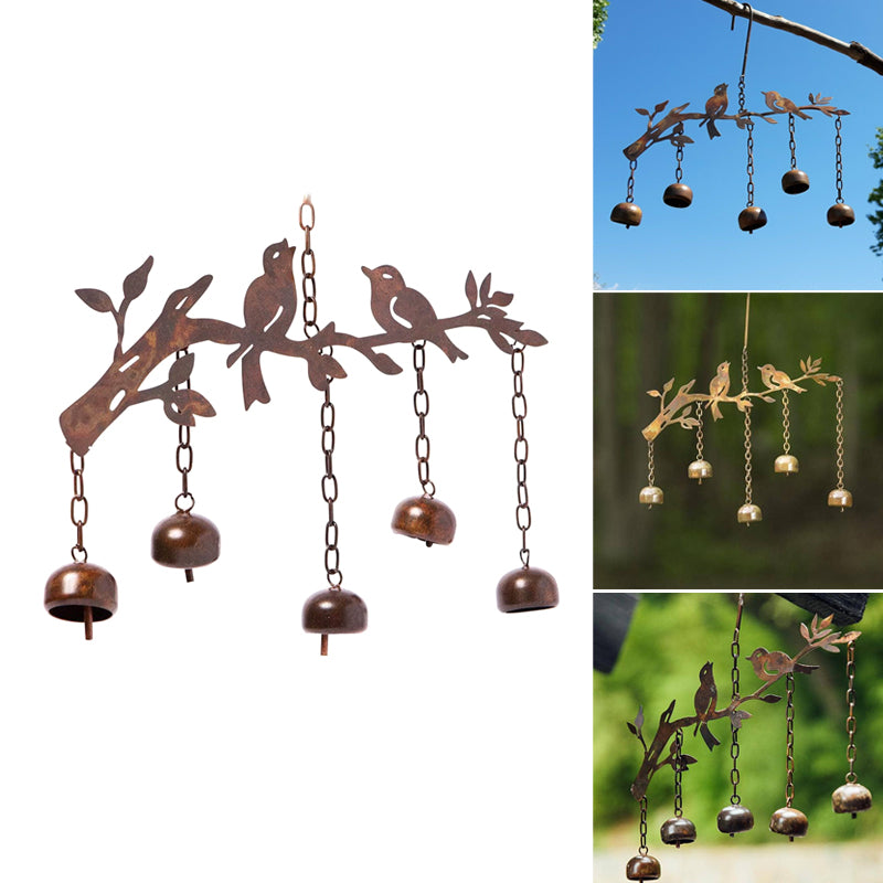 Antique Iron Bird Wind Chime with Four Tuned Bells and Weatherproof Bronze Finish