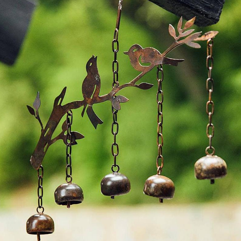 Antique Iron Bird Wind Chime with Four Tuned Bells and Weatherproof Bronze Finish