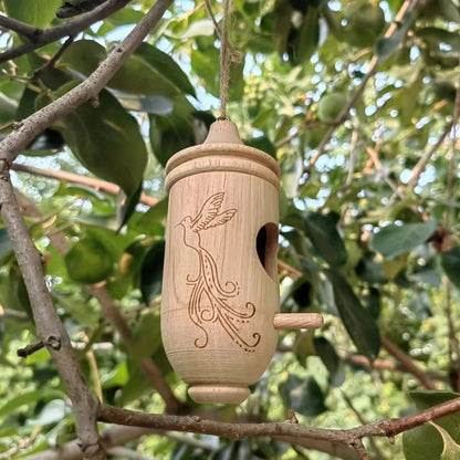 Wooden Hanging Birdhouse Set of Three with Engraved Nature Motifs for the Garden
