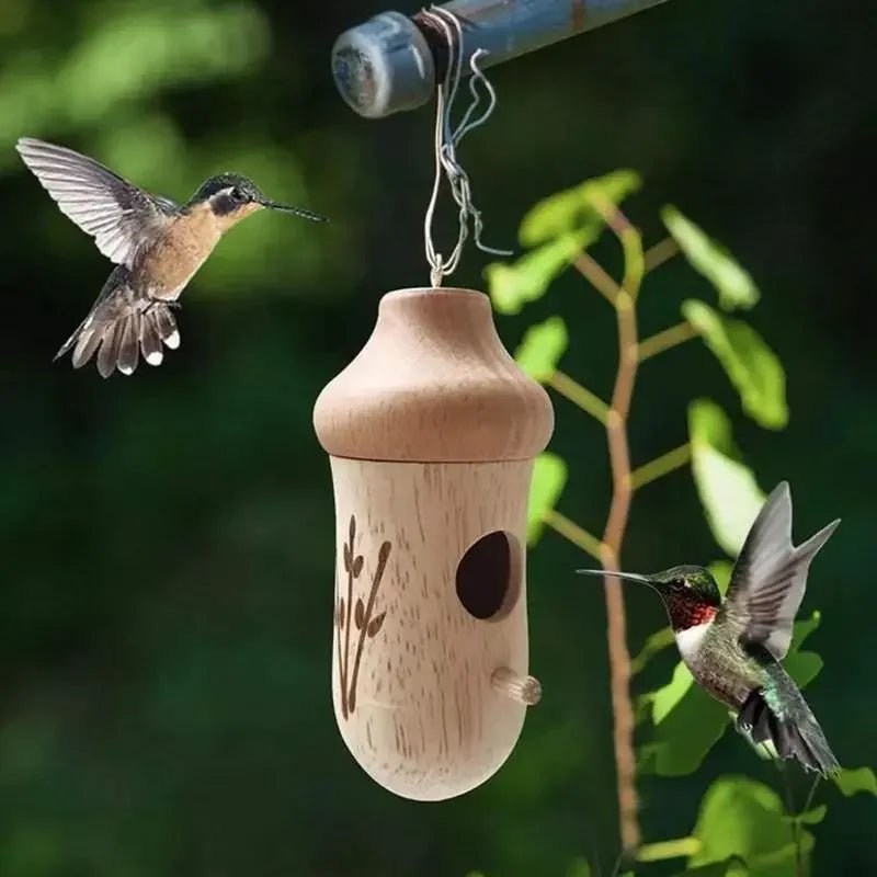 Wooden Hanging Birdhouse Set of Three with Engraved Nature Motifs for the Garden