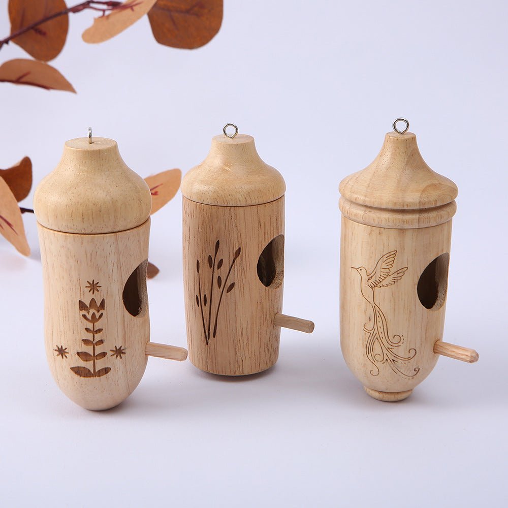 Wooden Hanging Birdhouse Set of Three with Engraved Nature Motifs for the Garden