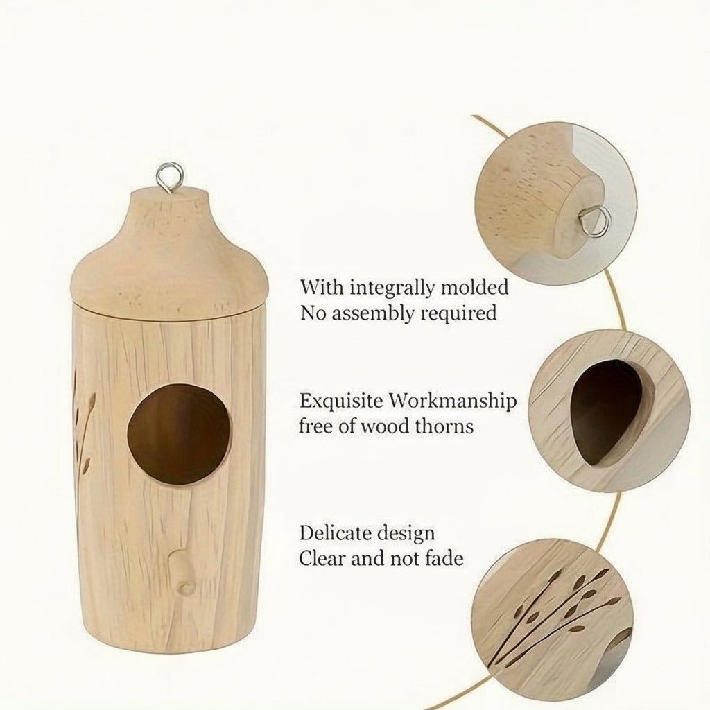 Wooden Hanging Birdhouse Set of Three with Engraved Nature Motifs for the Garden