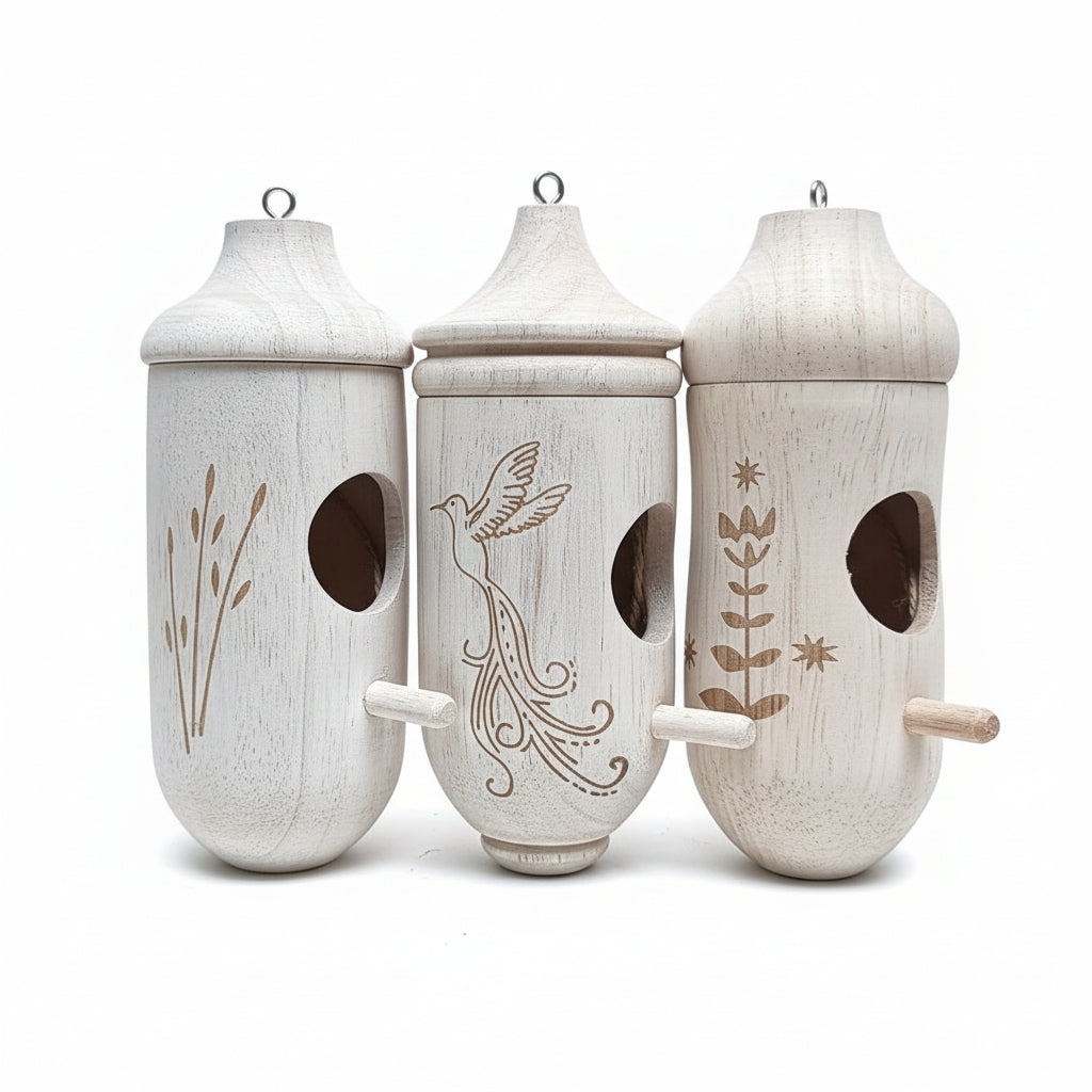 Wooden Hanging Birdhouse Set of Three with Engraved Nature Motifs for the Garden