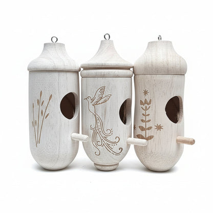 Wooden Hanging Birdhouse Set of Three with Engraved Nature Motifs for the Garden