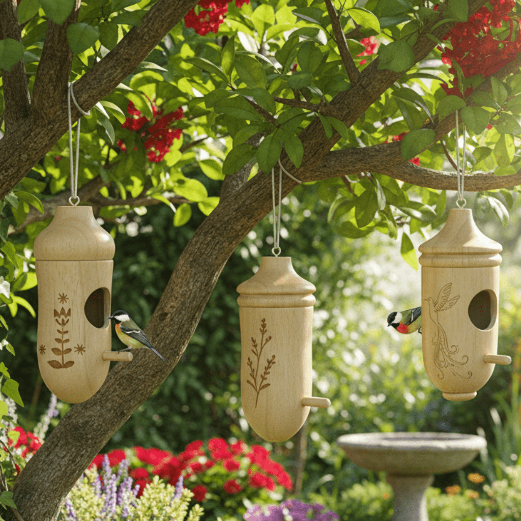 Wooden Hanging Birdhouse Set of Three with Engraved Nature Motifs for the Garden