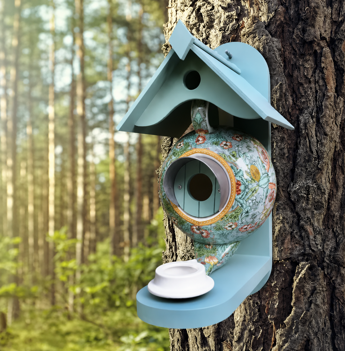 Hand-Painted Teapot Design Birdhouse in UV-Resistant Resin for Small Garden Birds