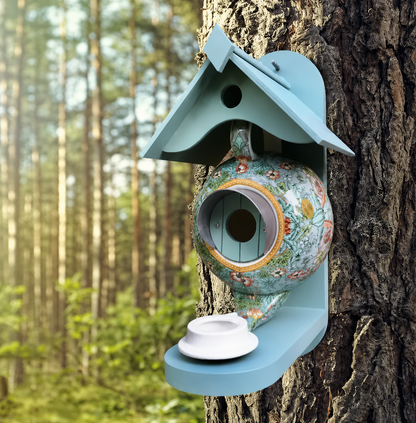 Hand-Painted Teapot Design Birdhouse in UV-Resistant Resin for Small Garden Birds