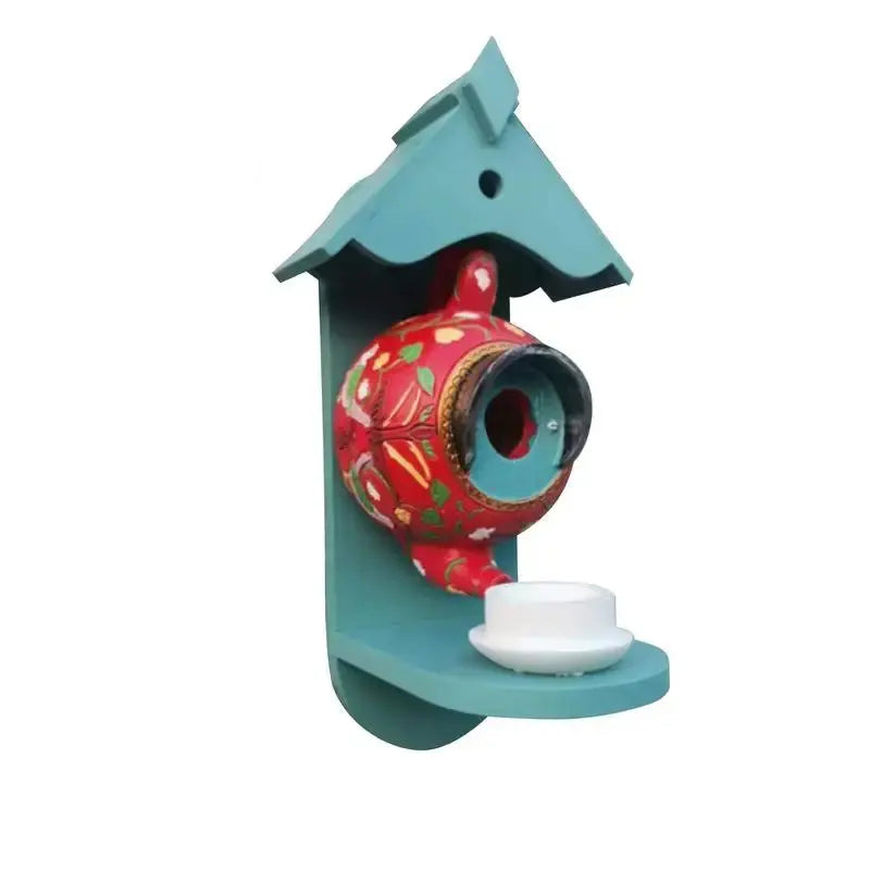 Hand-Painted Teapot Design Birdhouse in UV-Resistant Resin for Small Garden Birds