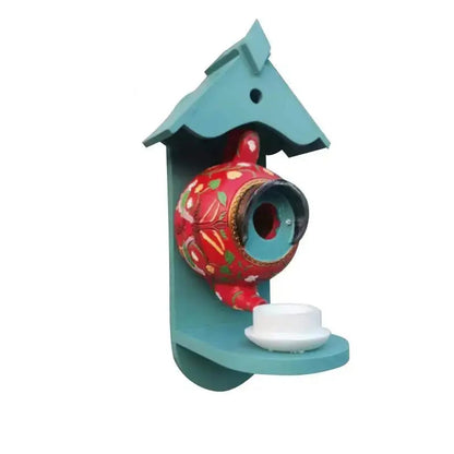 Hand-Painted Teapot Design Birdhouse in UV-Resistant Resin for Small Garden Birds