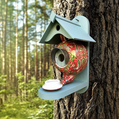 Hand-Painted Teapot Design Birdhouse in UV-Resistant Resin for Small Garden Birds