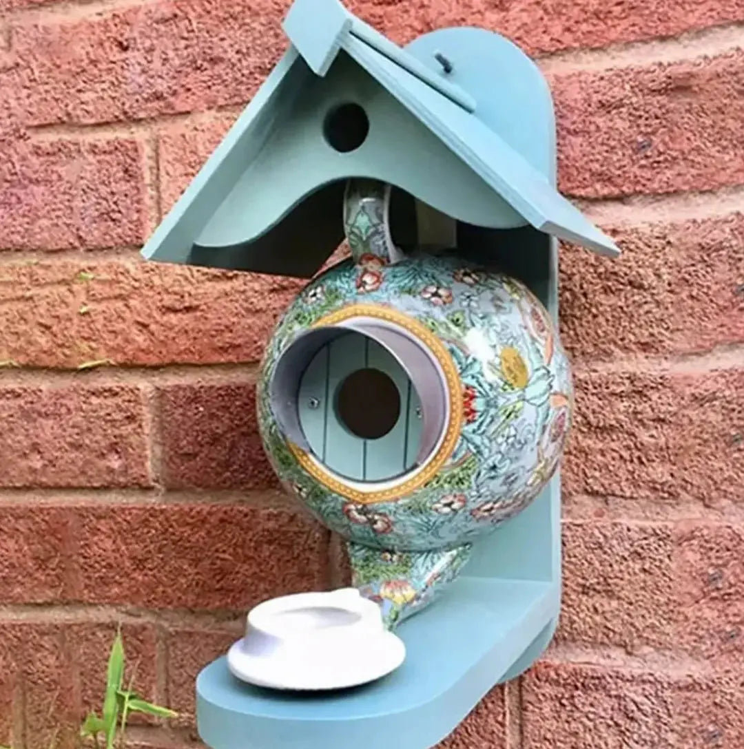 Hand-Painted Teapot Design Birdhouse in UV-Resistant Resin for Small Garden Birds