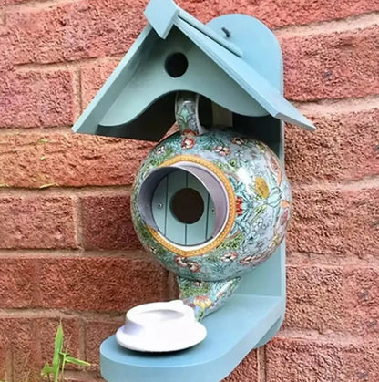 Hand-Painted Teapot Design Birdhouse in UV-Resistant Resin for Small Garden Birds
