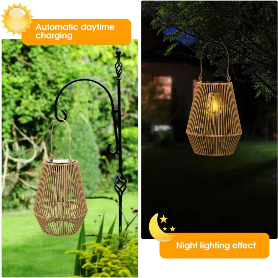 Handwoven Rattan Solar Garden Lantern with Automatic LED and Waterproof Design, Portable
