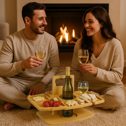 Foldable Wooden Wine Table with Snack Compartments, Glass Holders and Bottle Holders