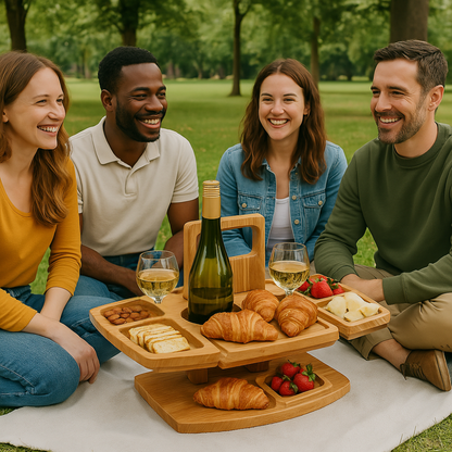 Foldable Wooden Wine Table with Snack Compartments, Glass Holders and Bottle Holders