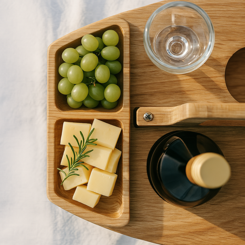 Foldable Wooden Wine Table with Snack Compartments, Glass Holders and Bottle Holders