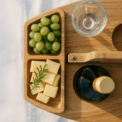Foldable Wooden Wine Table with Snack Compartments, Glass Holders and Bottle Holders