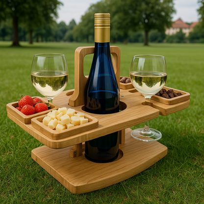Foldable Wooden Wine Table with Snack Compartments, Glass Holders and Bottle Holders