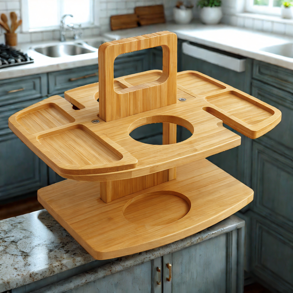Foldable Wooden Wine Table with Snack Compartments, Glass Holders and Bottle Holders