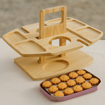 Foldable Wooden Wine Table with Snack Compartments, Glass Holders and Bottle Holders