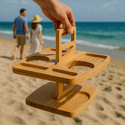 Foldable Wooden Wine Table with Snack Compartments, Glass Holders and Bottle Holders